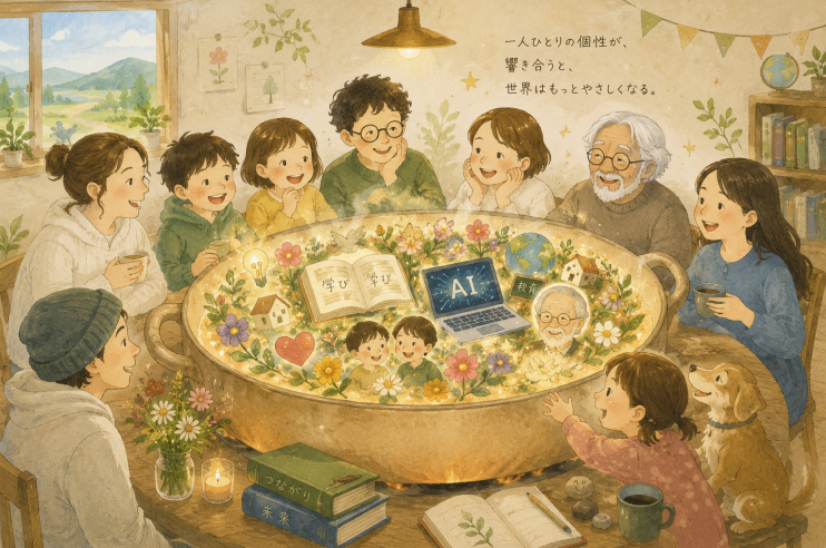世代も個性も異なる人たちが、学びと笑いとAIを詰めた大きな鍋を囲む水彩画