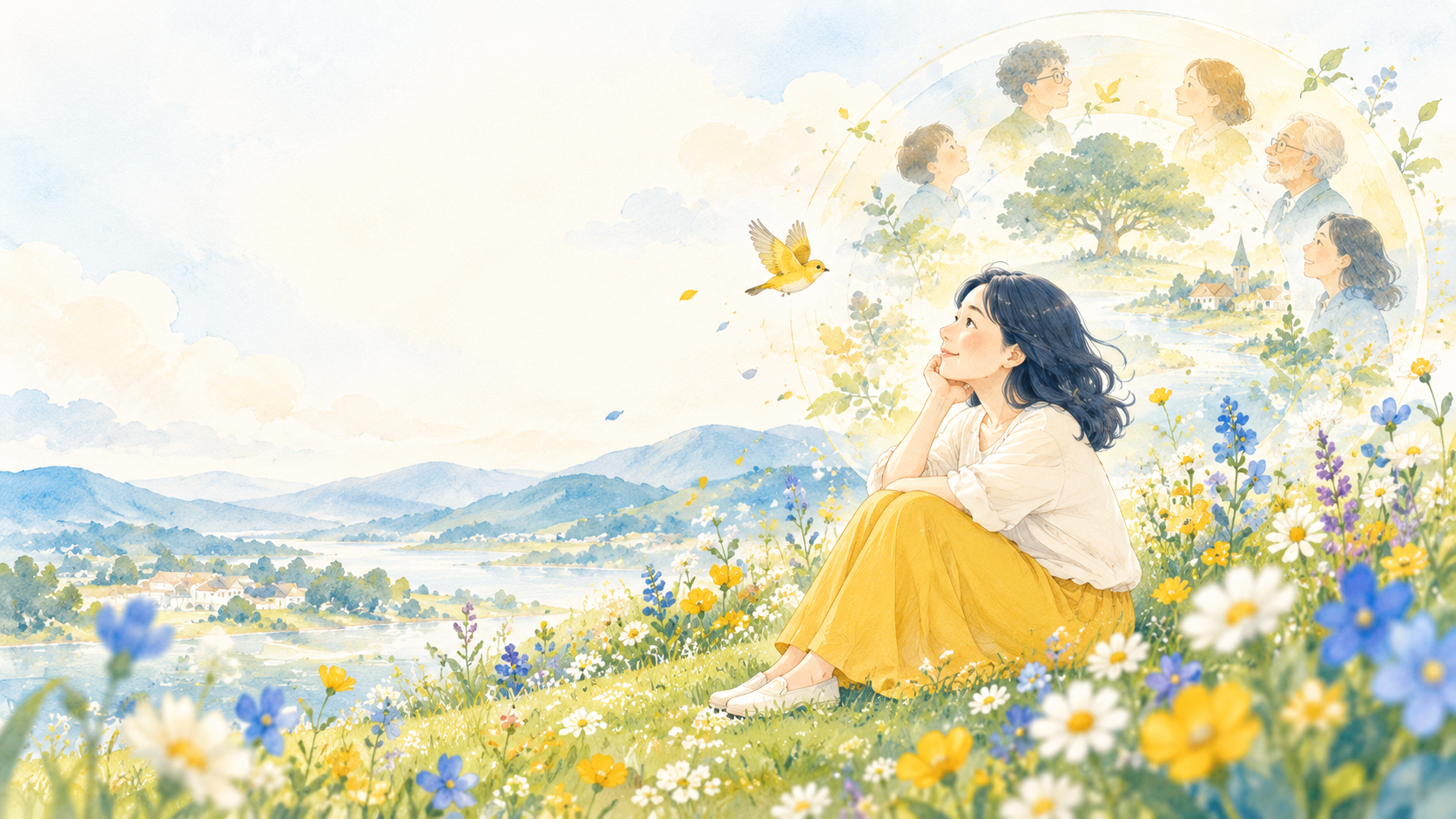 花咲く丘で小鳥を見つめ、静かに呼吸する女性の水彩画